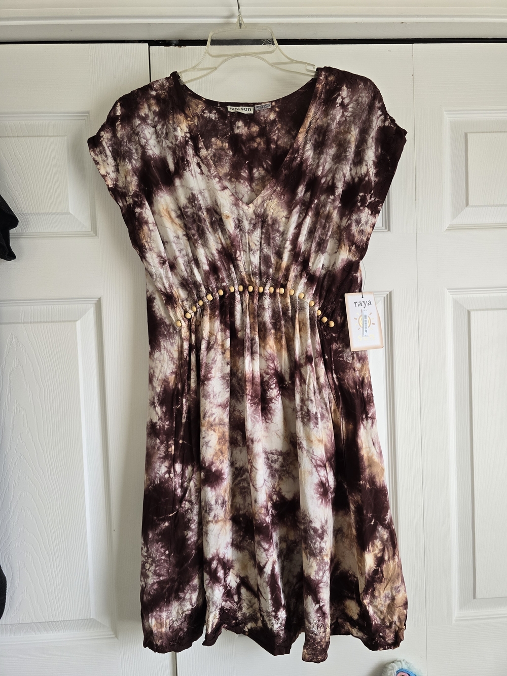 Raya Tie-Dye Beaded V-Neck Beach Cover Up Dress in Plum and Cream